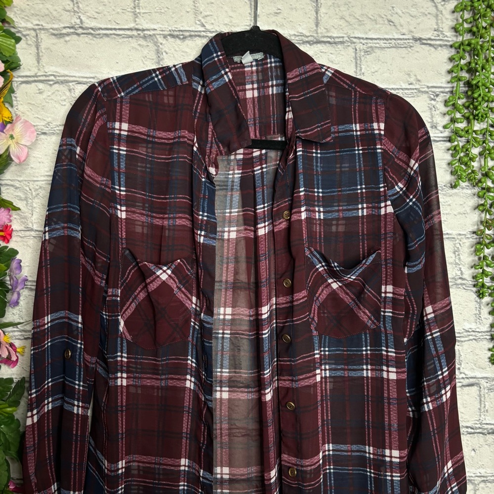 *🌼3/$30🌼Charlotte Russe Plaid Sheer Button Down Top Size Small - Picture 12 of 16